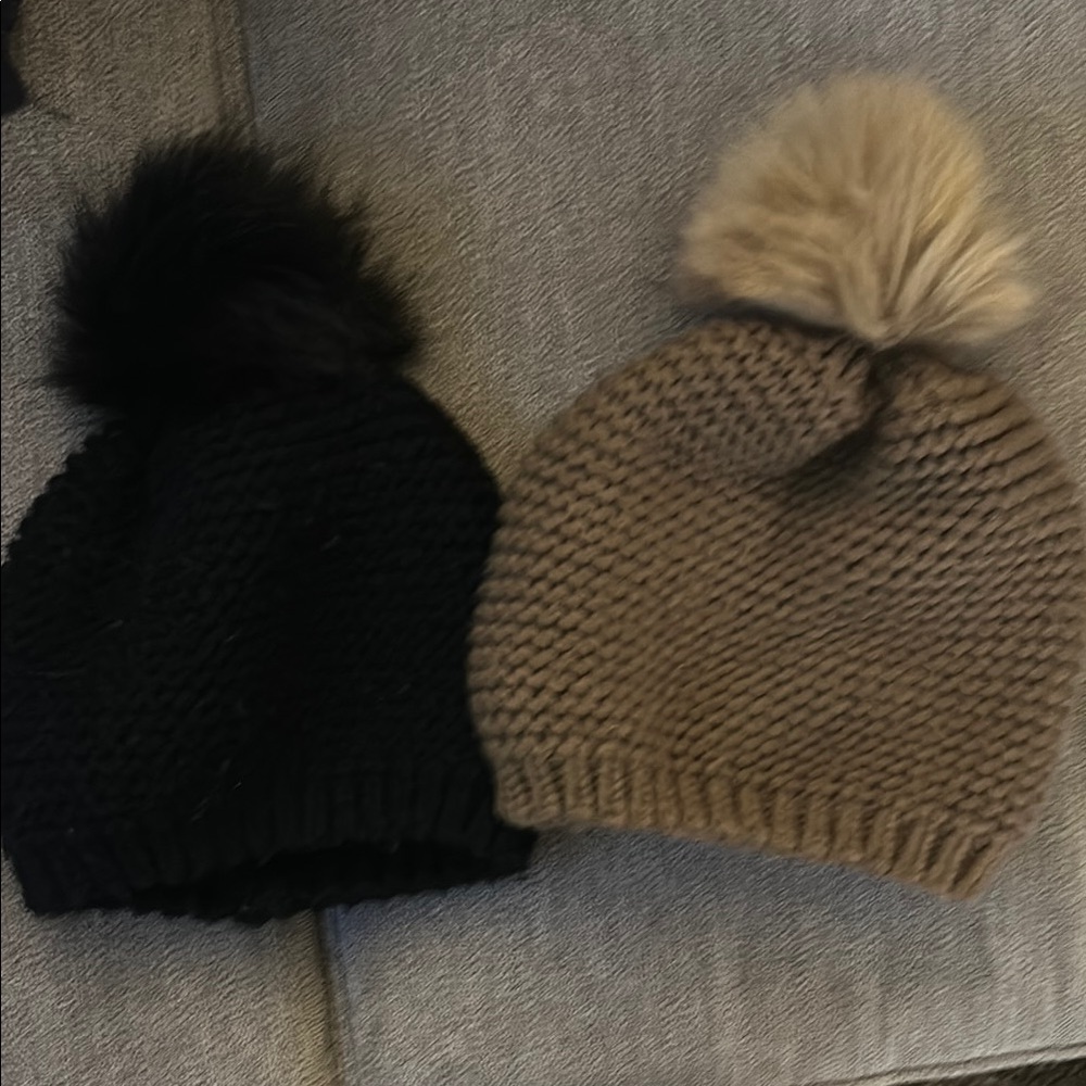 Cozy Knit Beanies with Pom Poms - Black and Olive
